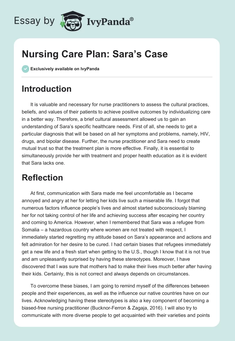 Nursing Care Plan: Sara’s Case. Page 1