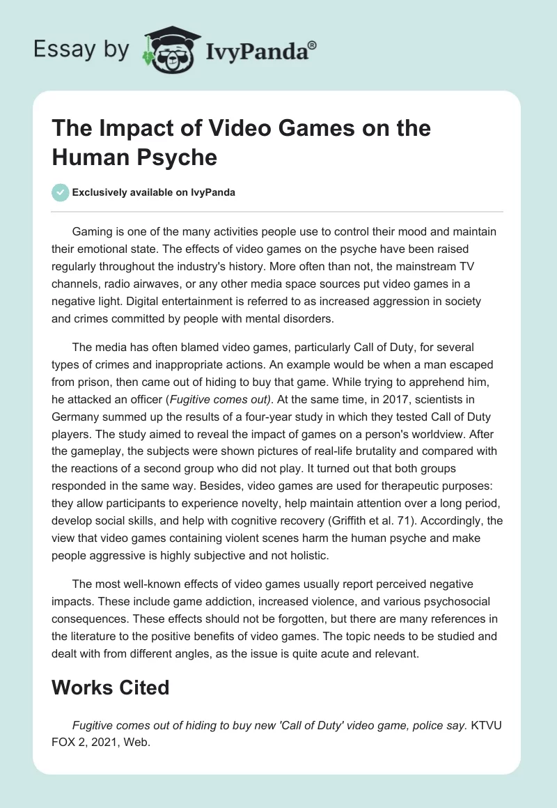 The Impact of Video Games on the Human Psyche. Page 1