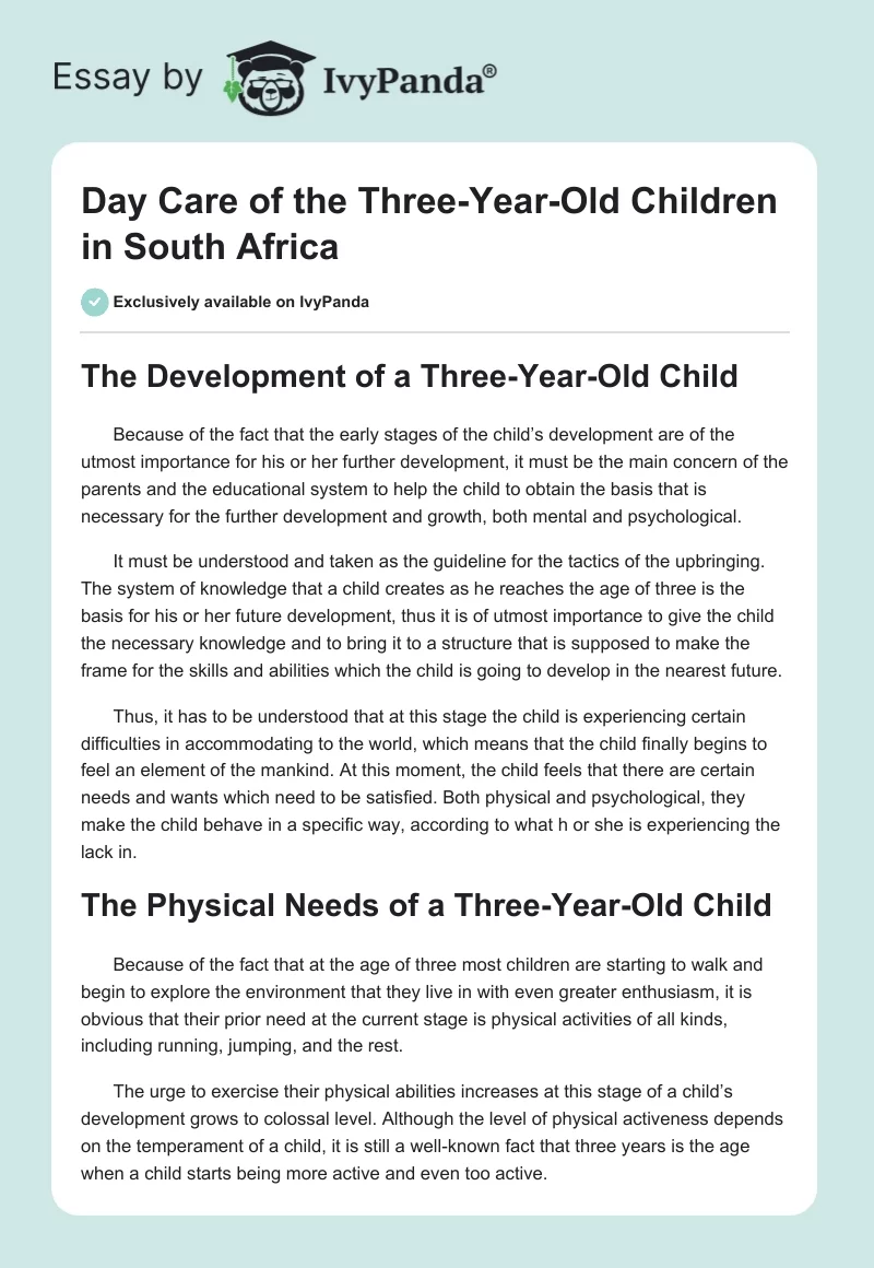 Day Care of the Three-Year-Old Children in South Africa. Page 1