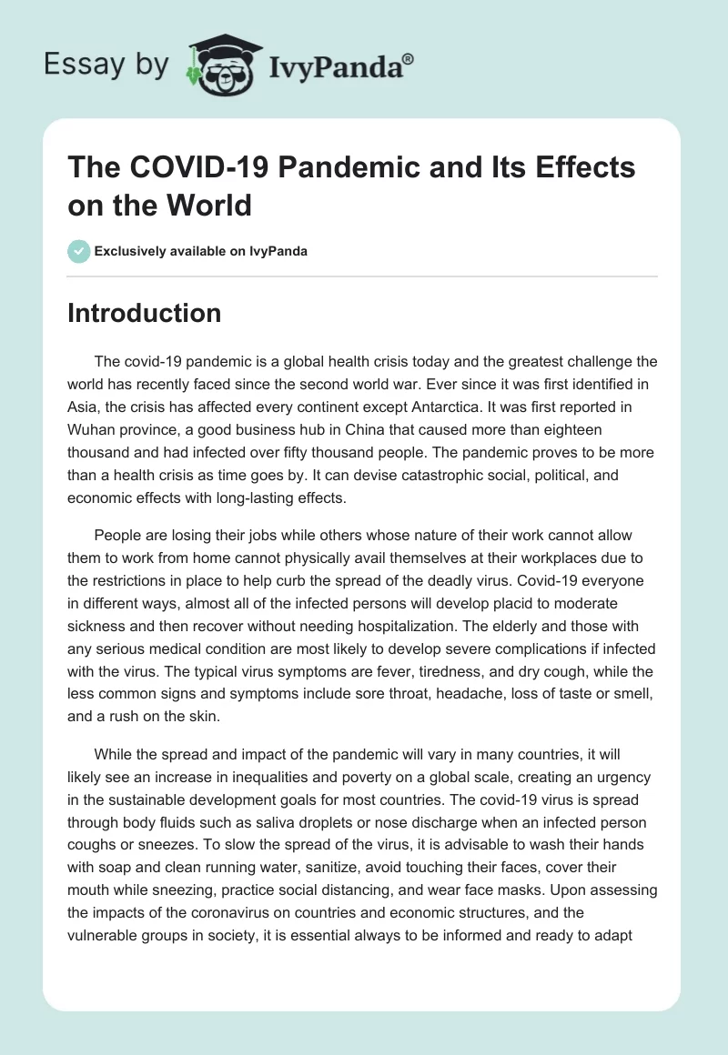 The COVID-19 Pandemic and Its Effects on the World. Page 1
