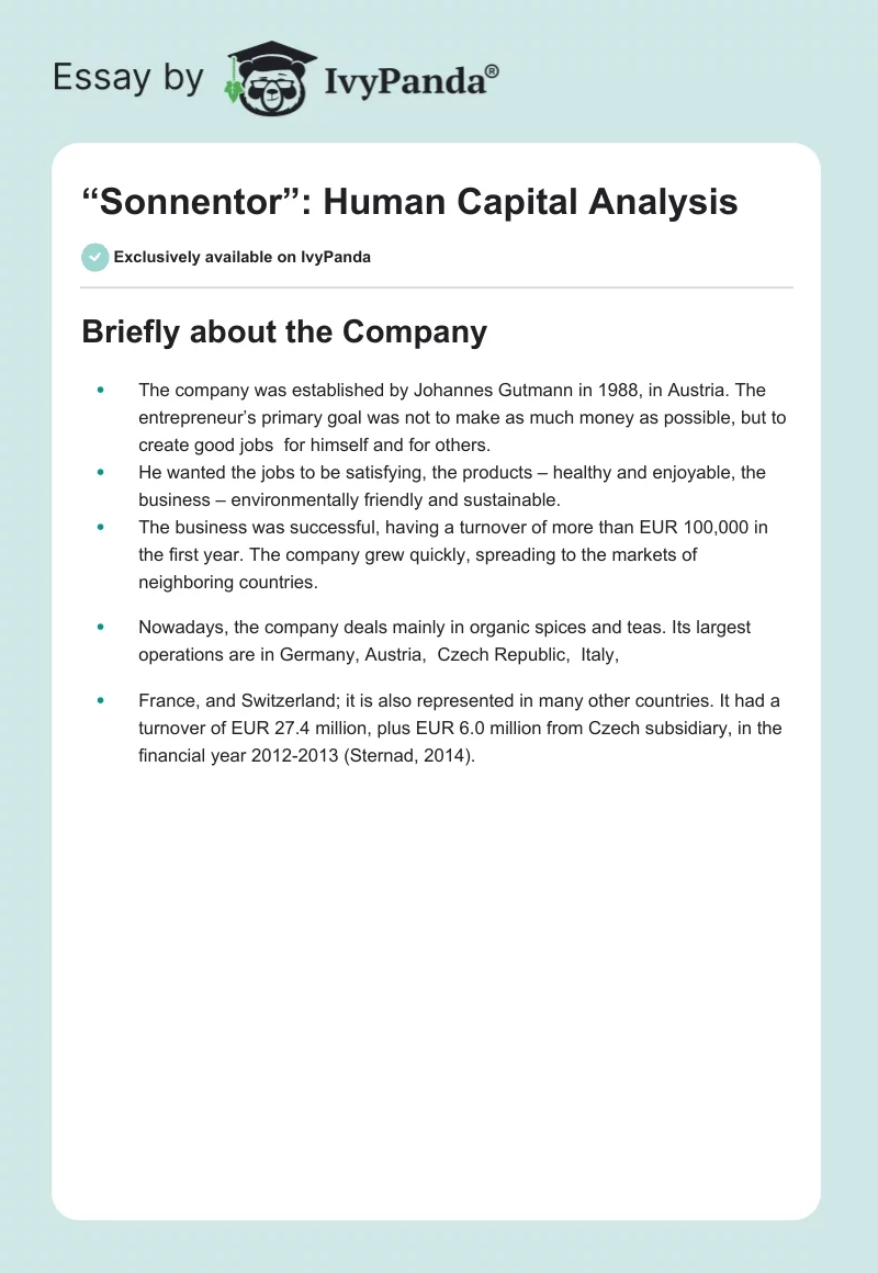 “Sonnentor”: Human Capital Analysis. Page 1