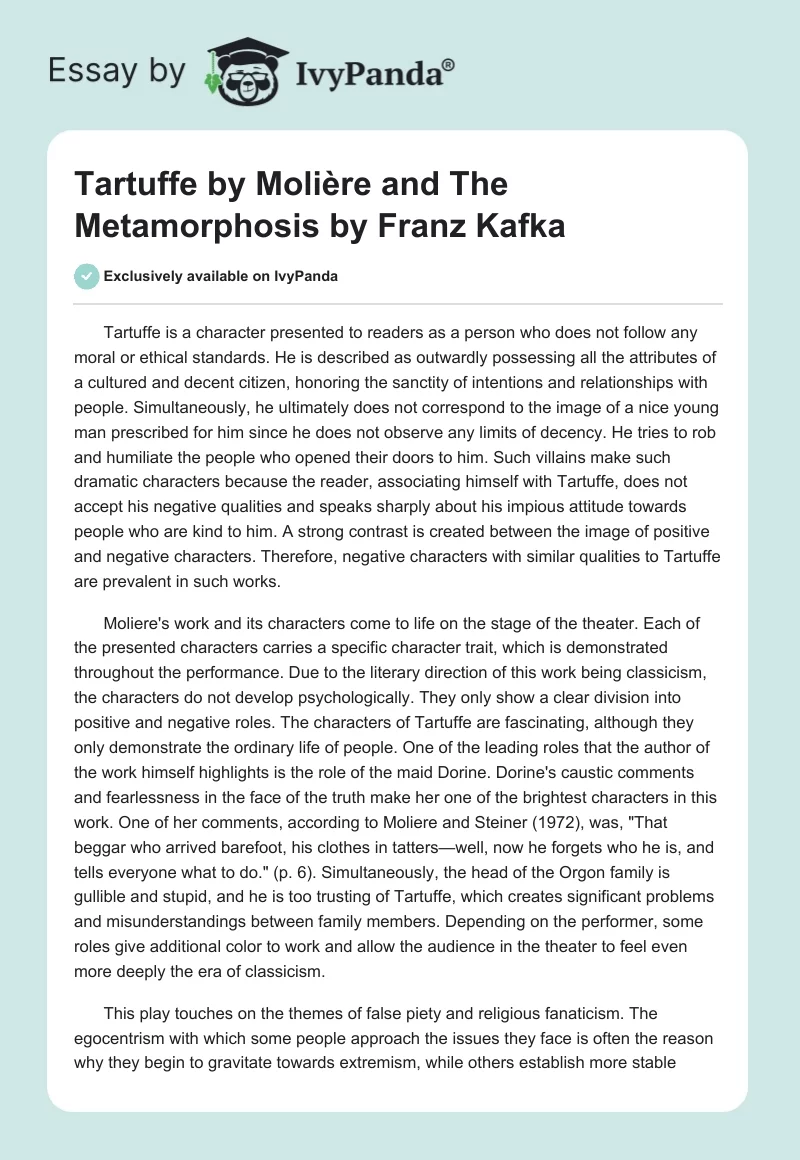 "Tartuffe" by Molière and "The Metamorphosis" by Franz Kafka. Page 1