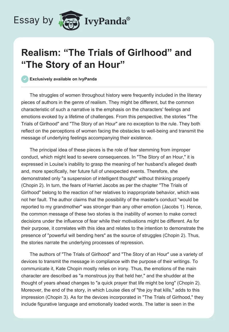 Realism: “The Trials of Girlhood” and “The Story of an Hour”. Page 1