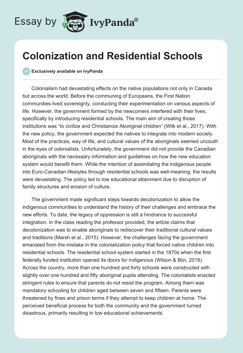 Colonization and Residential Schools. Page 1