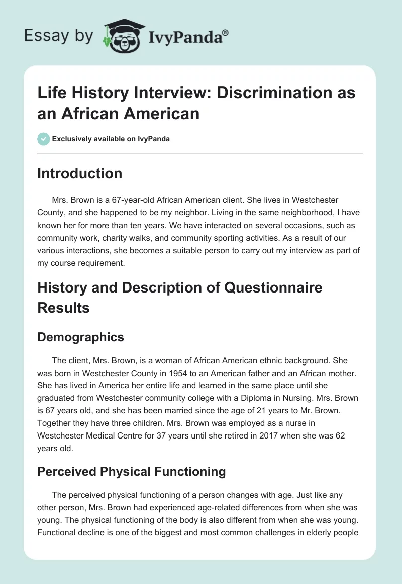 Life History Interview: Discrimination as an African American. Page 1