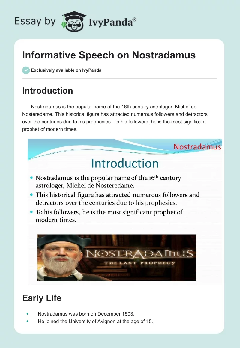 Informative Speech on Nostradamus. Page 1