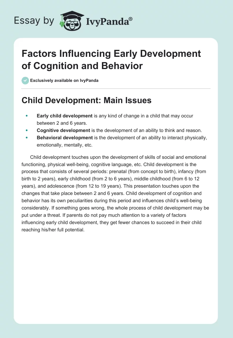 Factors Influencing Early Development of Cognition and Behavior. Page 1