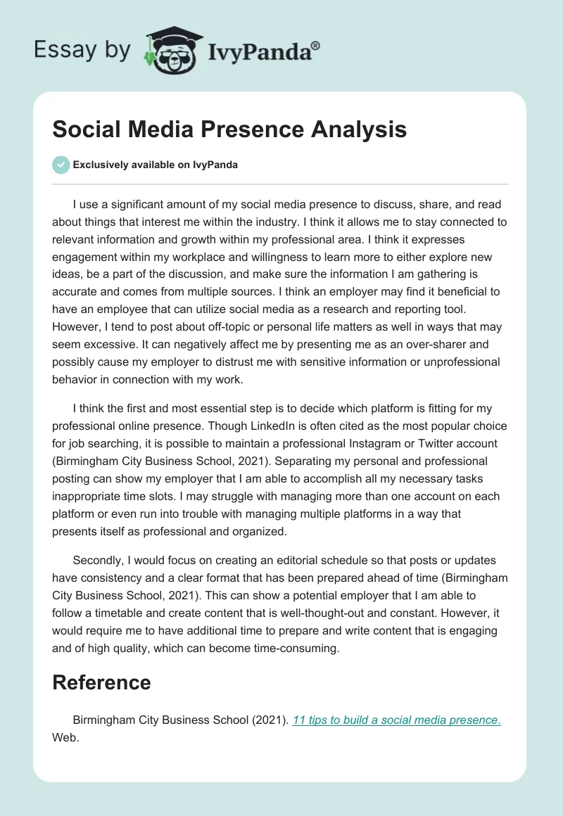 Social Media Presence Analysis. Page 1