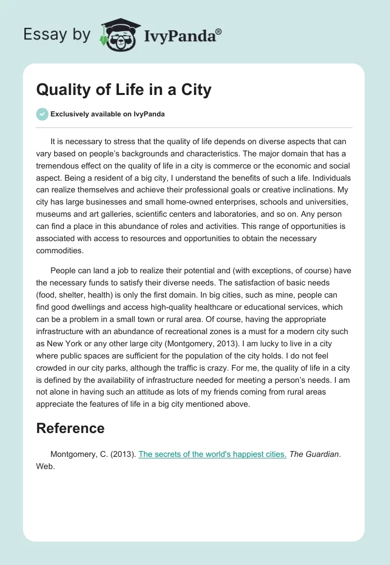 Quality of Life in a City. Page 1