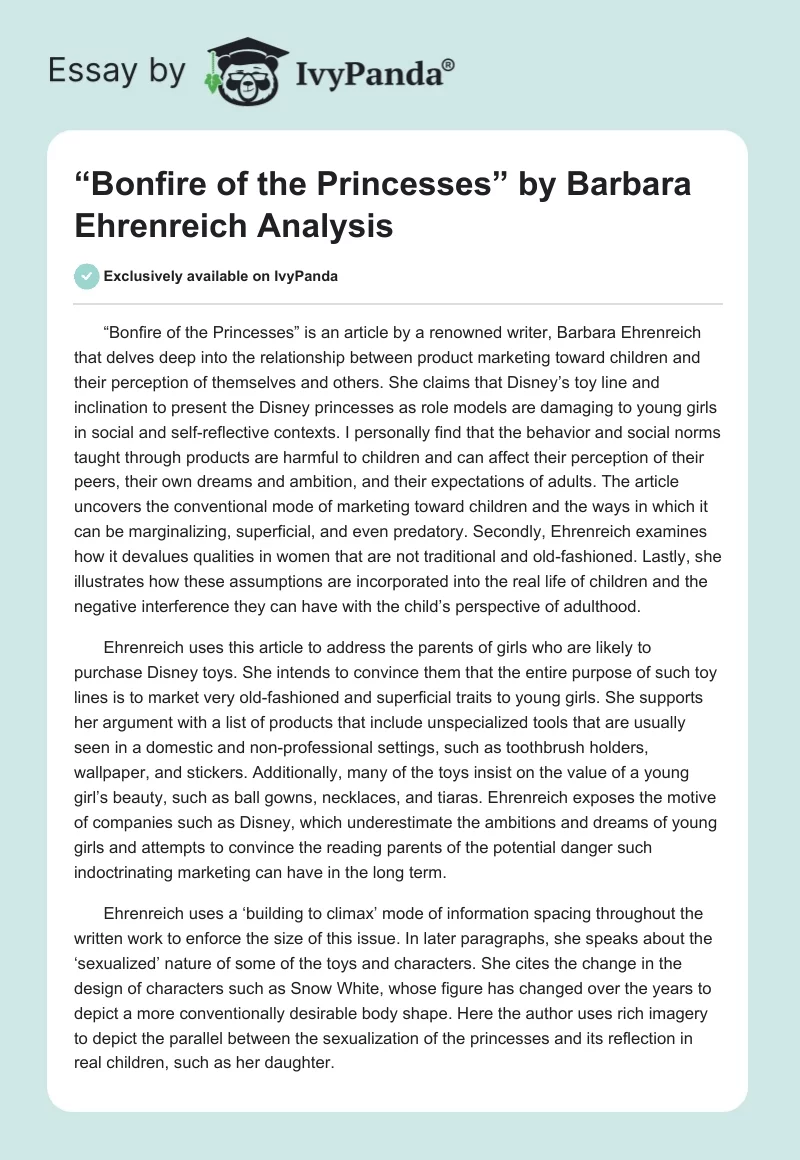 “Bonfire of the Princesses” by Barbara Ehrenreich Analysis. Page 1