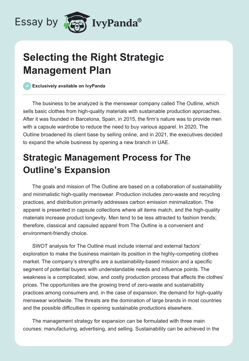 Selecting the Right Strategic Management Plan. Page 1