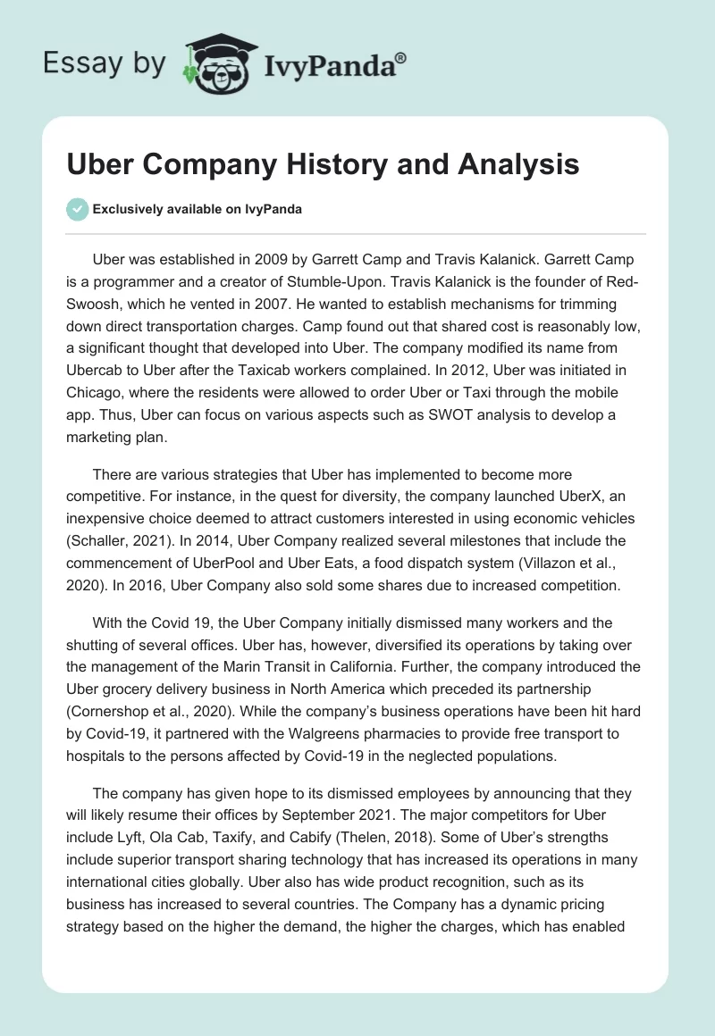 Uber Company History and Analysis. Page 1