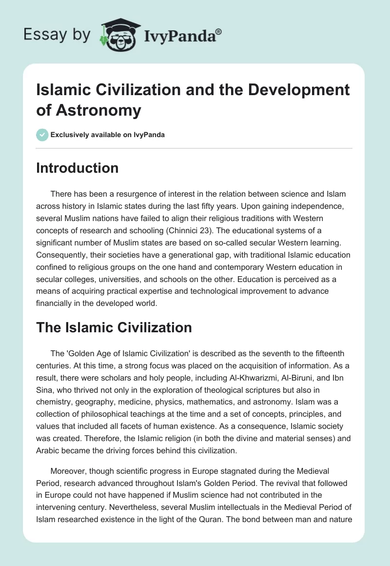 Islamic Civilization and the Development of Astronomy. Page 1