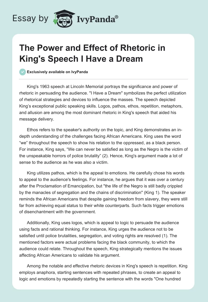 The Power and Effect of Rhetoric in King's Speech "I Have a Dream". Page 1