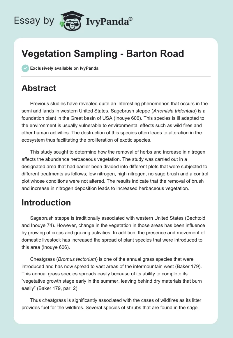 Vegetation Sampling - Barton Road. Page 1