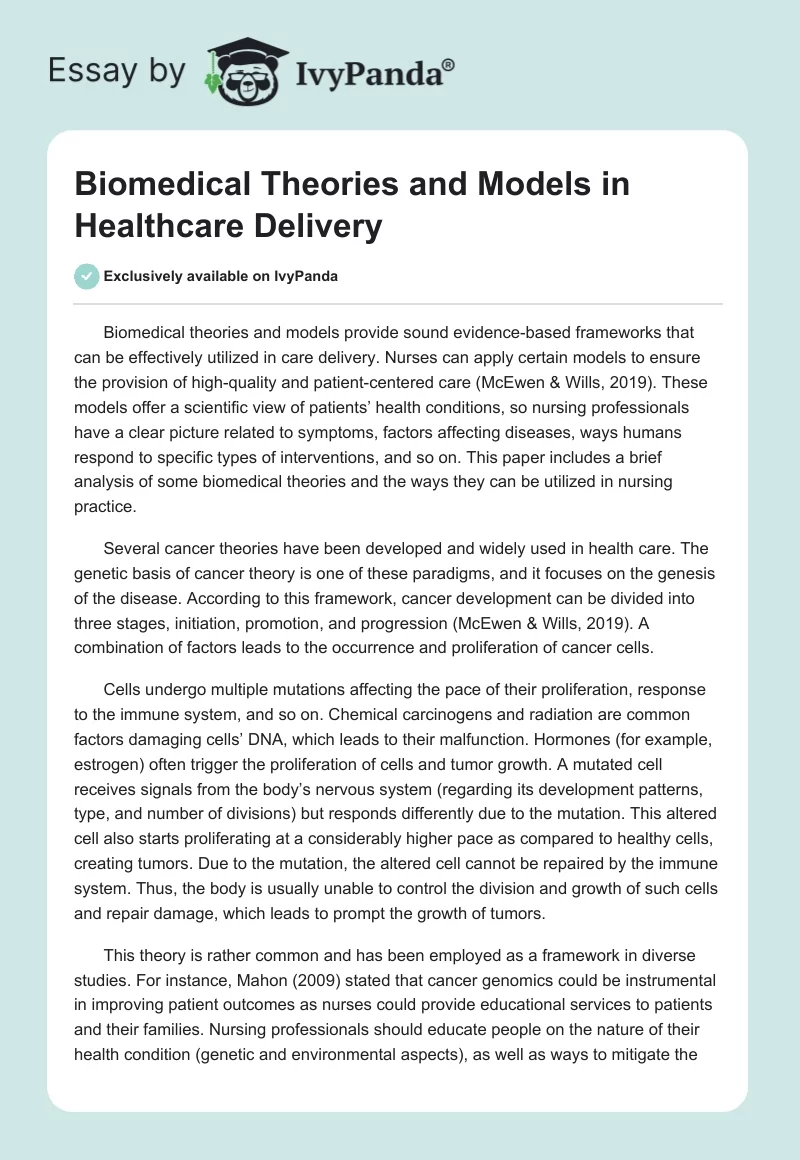 Biomedical Theories and Models in Healthcare Delivery. Page 1