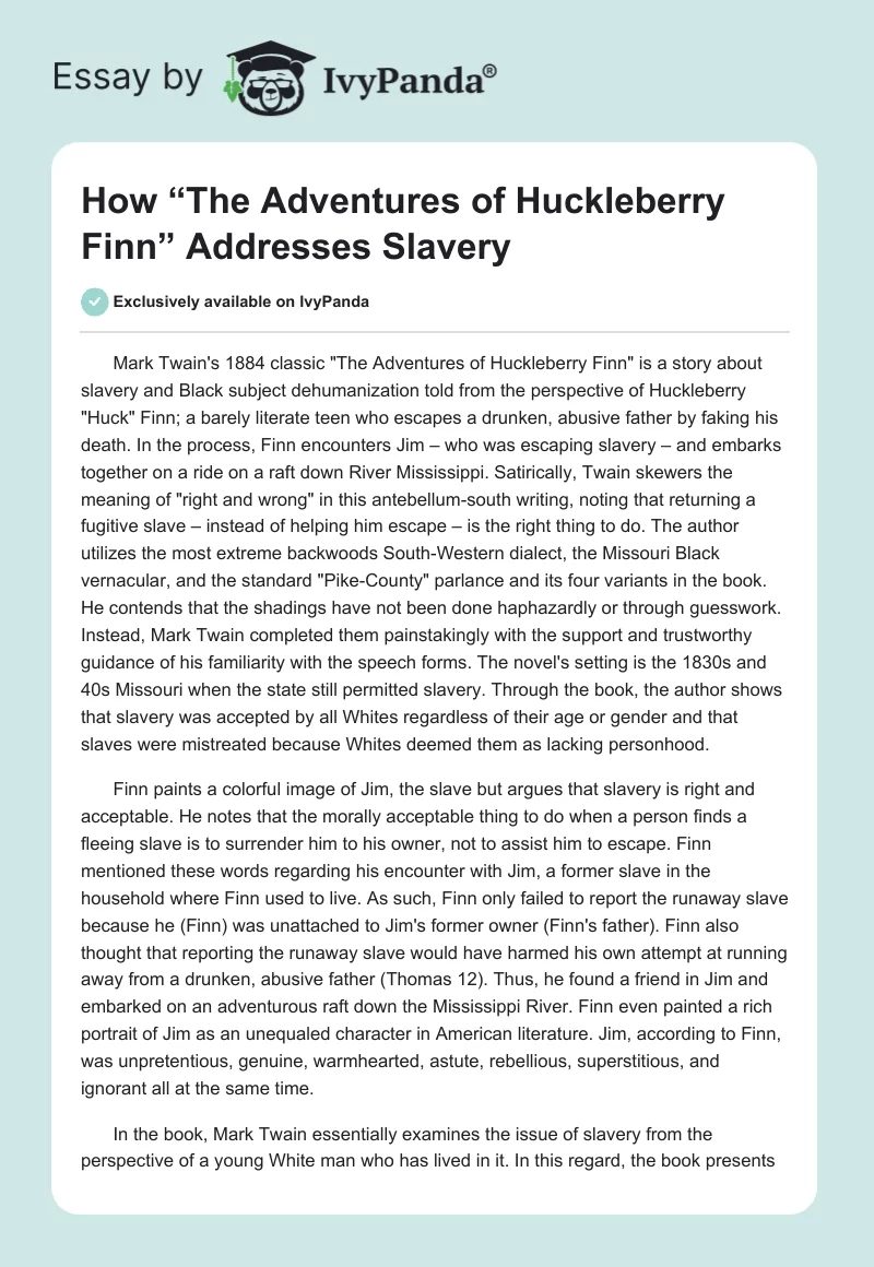 How “The Adventures of Huckleberry Finn” Addresses Slavery. Page 1