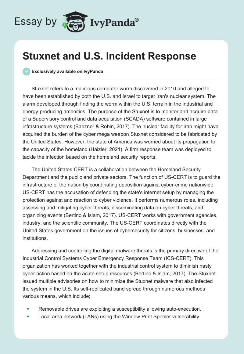 Stuxnet and U.S. Incident Response. Page 1