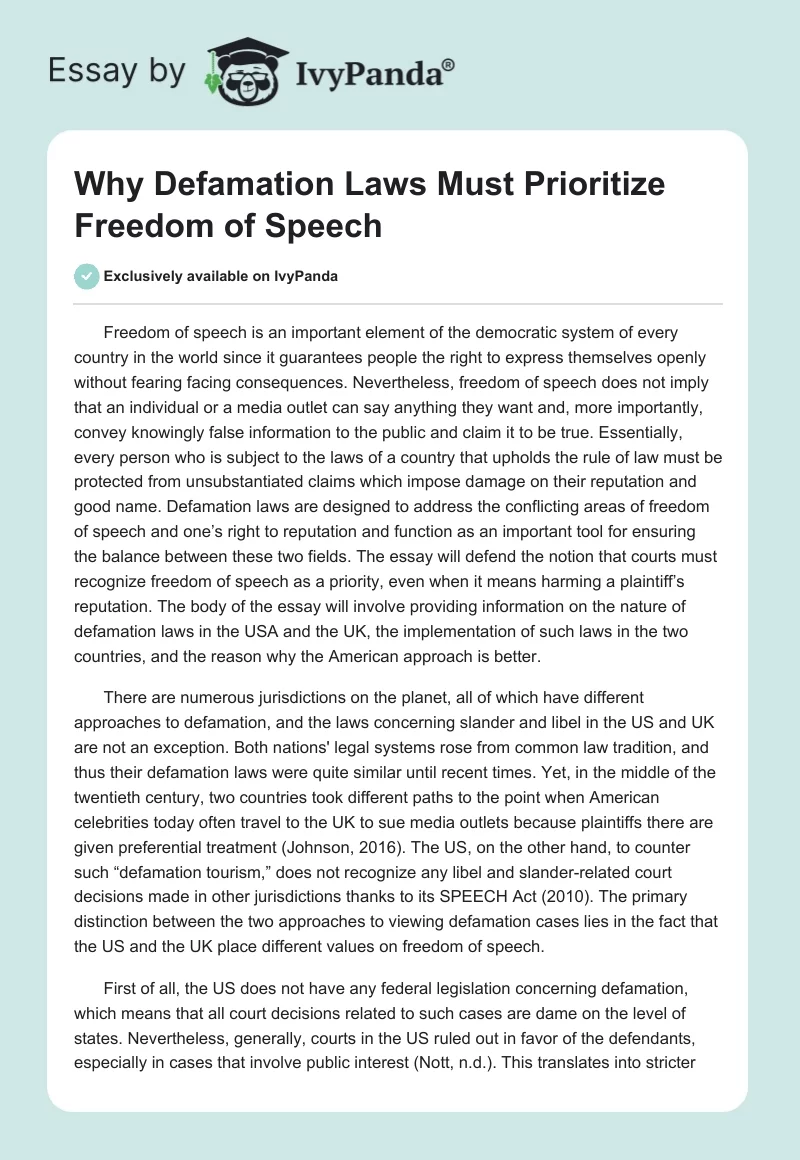 Why Defamation Laws Must Prioritize Freedom of Speech. Page 1