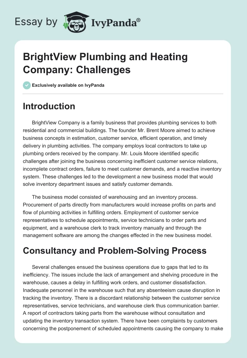 BrightView Plumbing and Heating Company: Challenges. Page 1