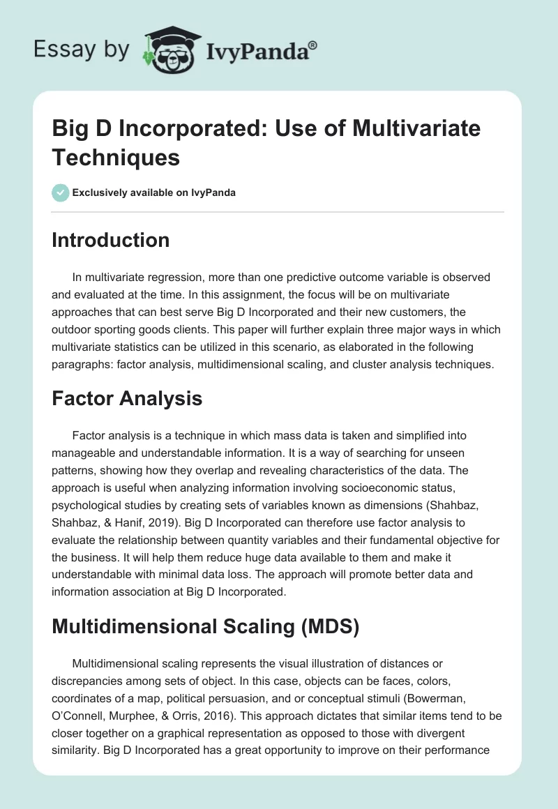 Big D Incorporated: Use of Multivariate Techniques. Page 1