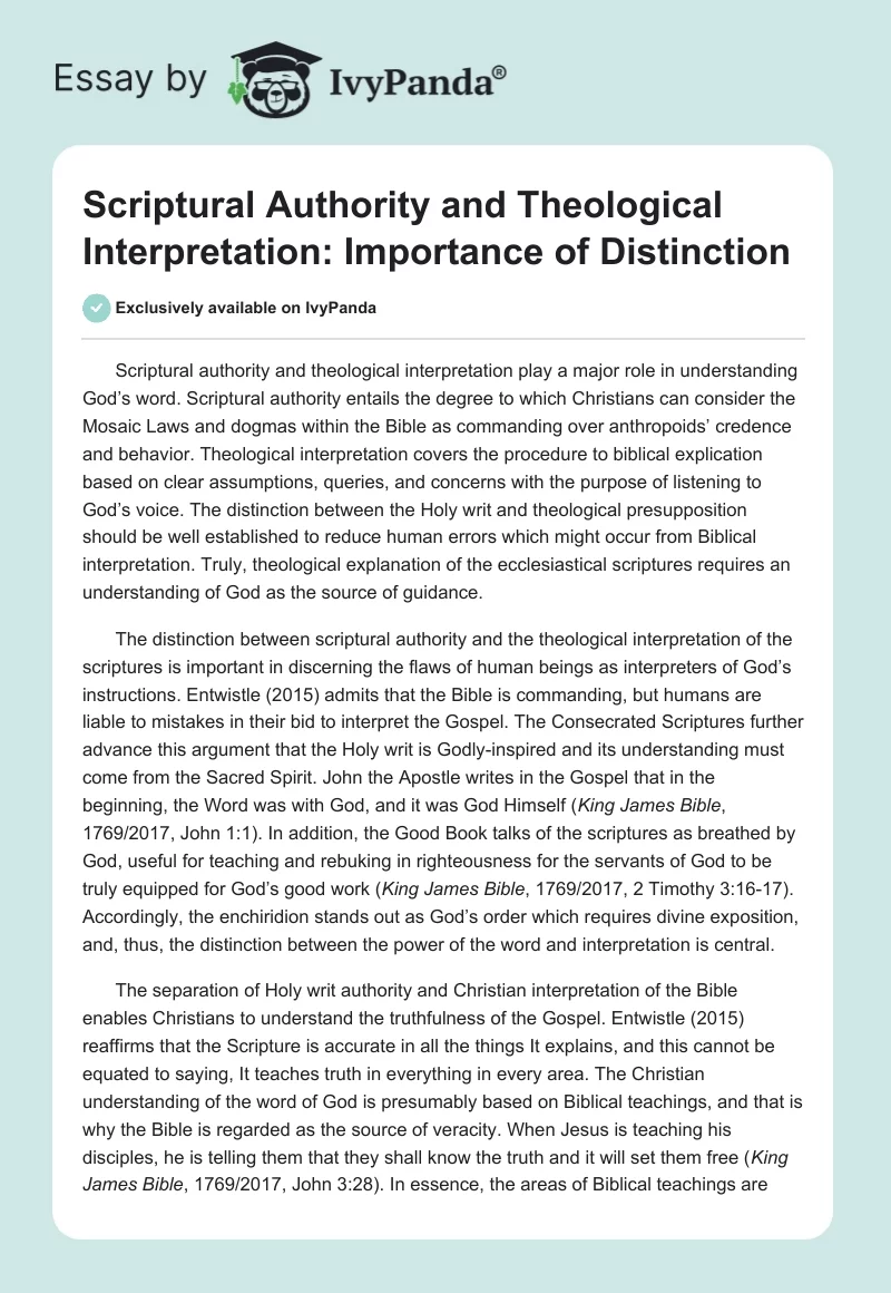 Scriptural Authority and Theological Interpretation: Importance of Distinction. Page 1