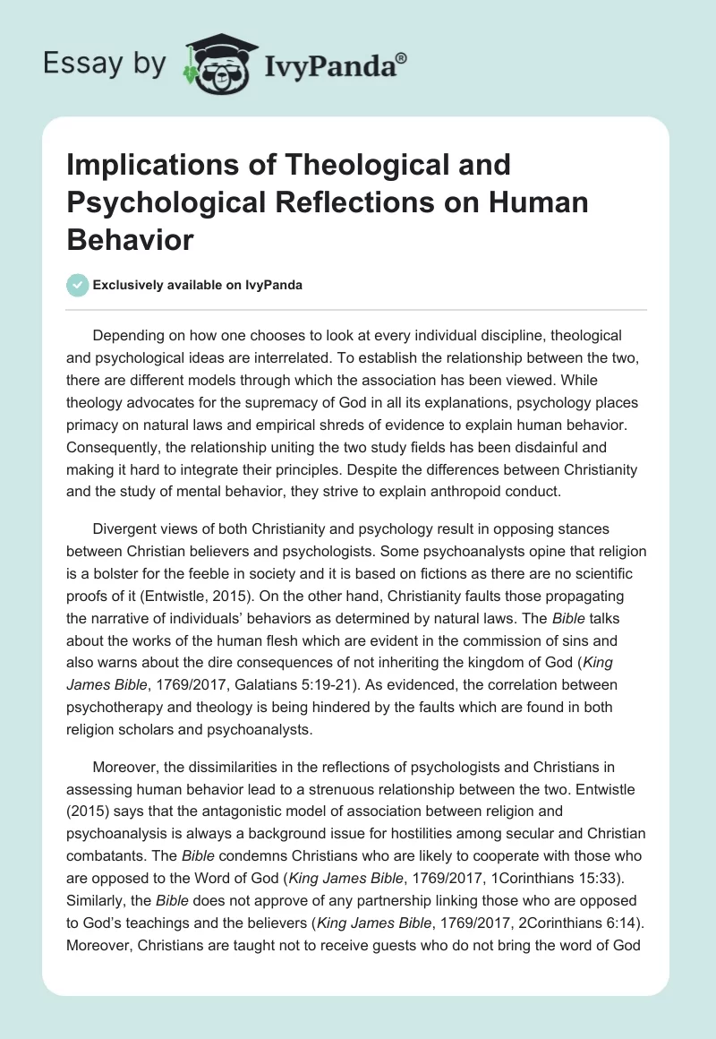 Implications of Theological and Psychological Reflections on Human Behavior. Page 1
