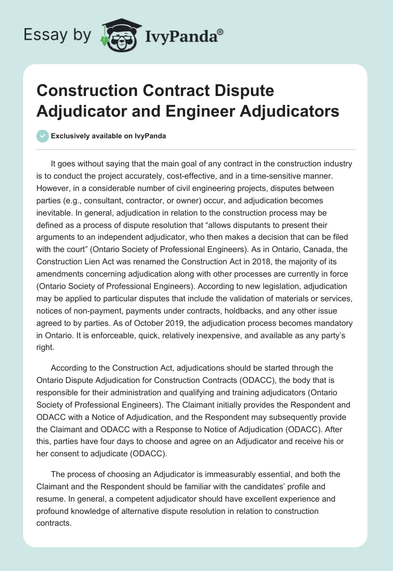 Construction Contract Dispute Adjudicator and Engineer Adjudicators. Page 1