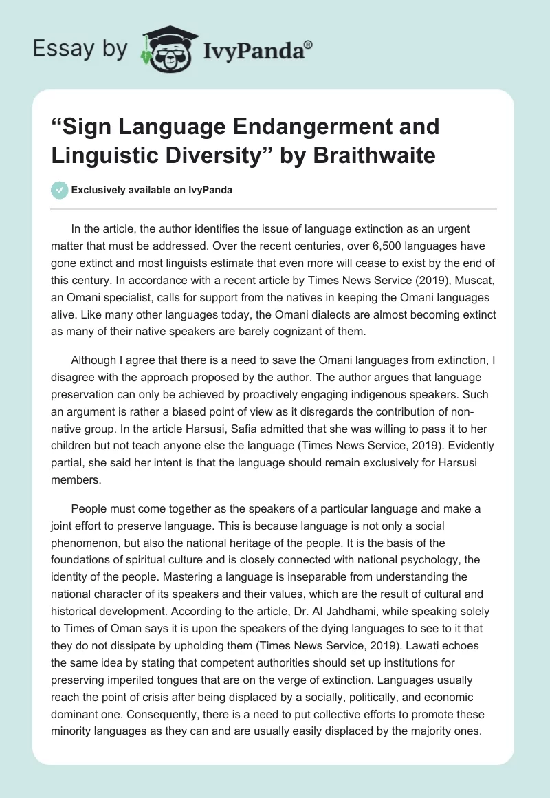 “Sign Language Endangerment and Linguistic Diversity” by Braithwaite. Page 1