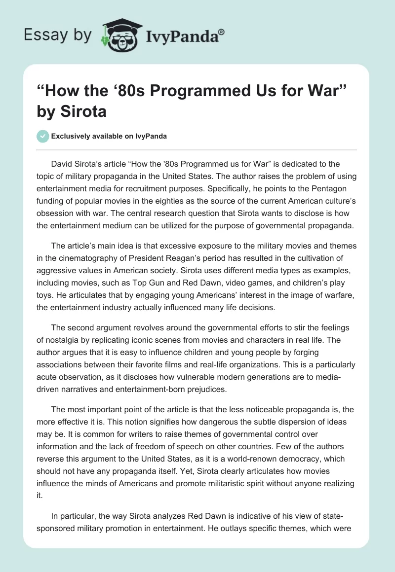 “How the ‘80s Programmed Us for War” by Sirota. Page 1