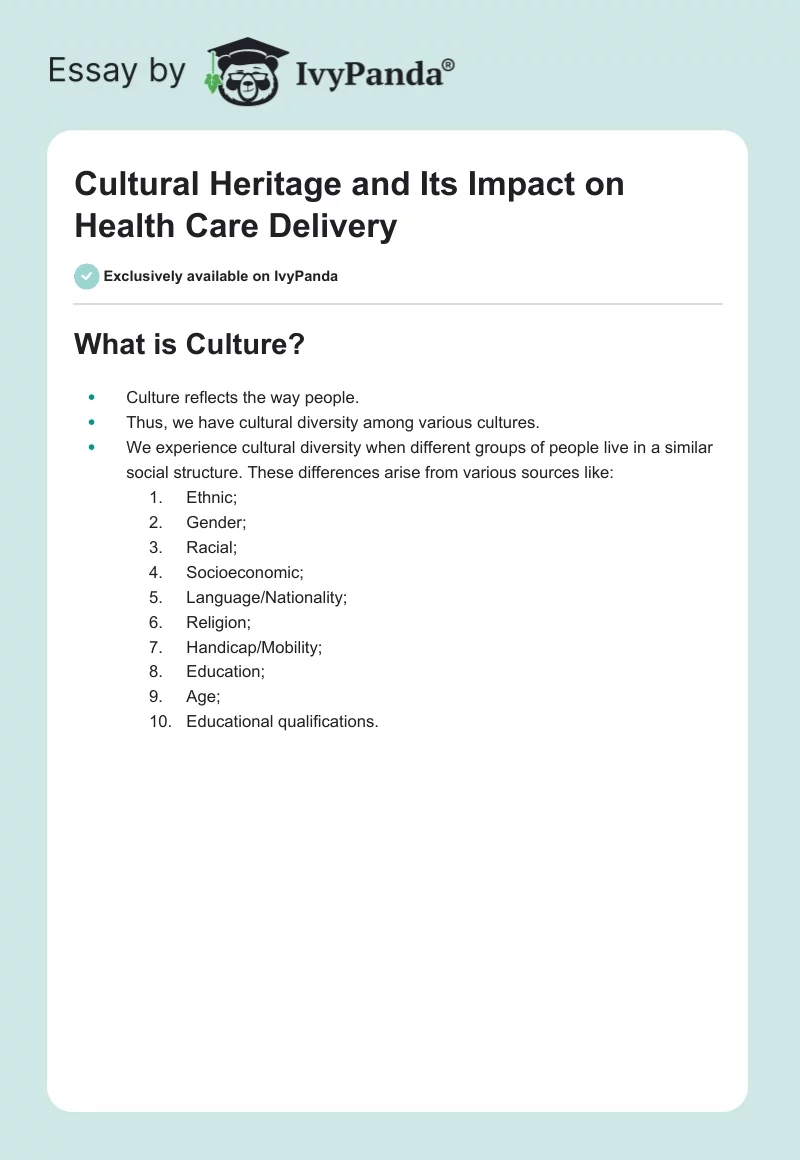 Cultural Heritage and Its Impact on Health Care Delivery. Page 1