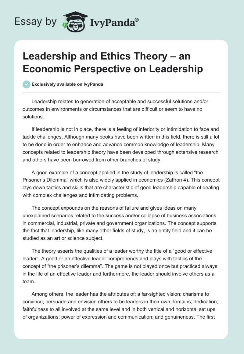 Leadership and Ethics Theory – an Economic Perspective on Leadership. Page 1