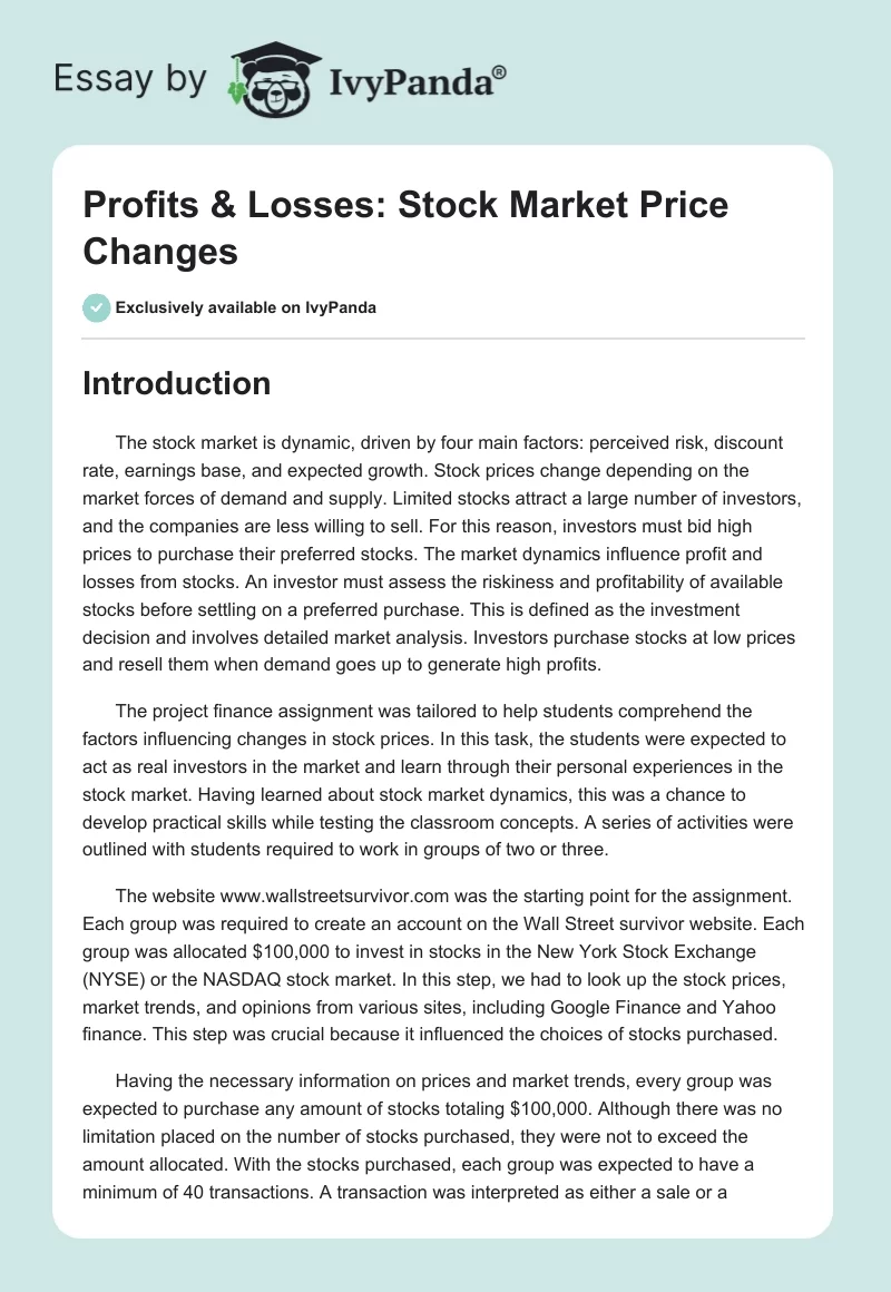 Profits & Losses: Stock Market Price Changes. Page 1