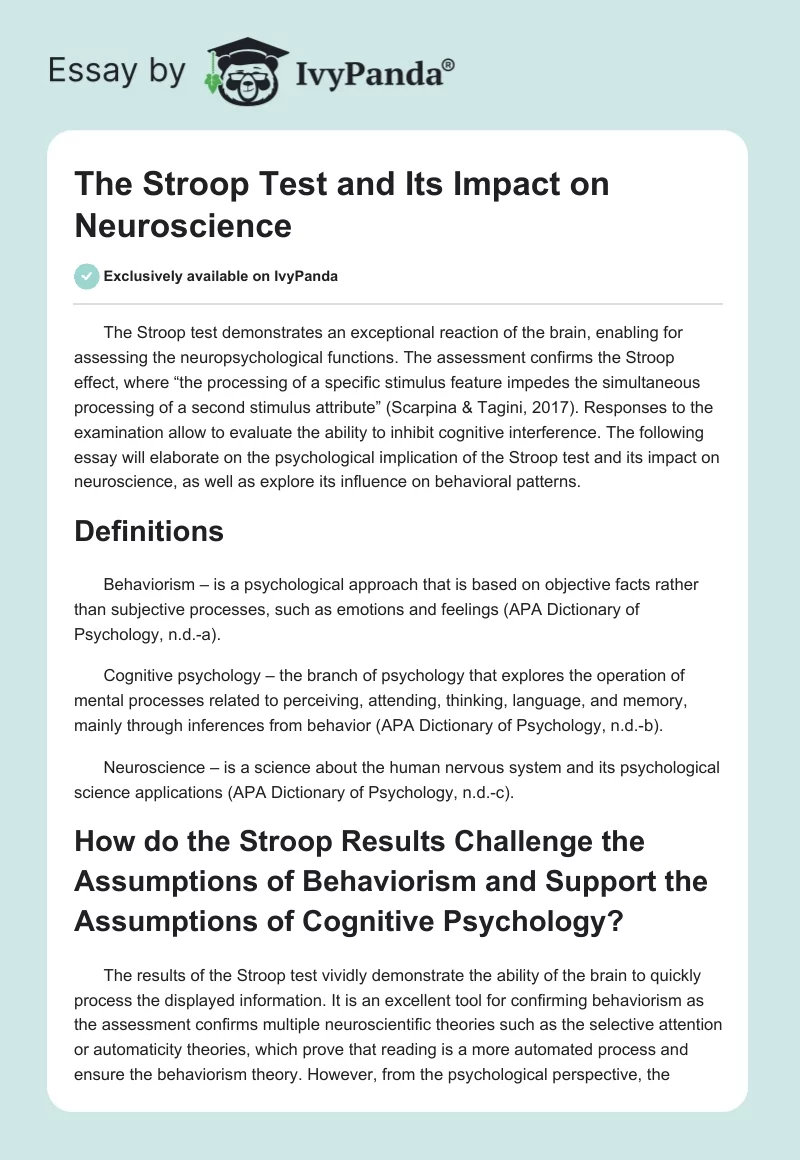 The Stroop Test and Its Impact on Neuroscience. Page 1