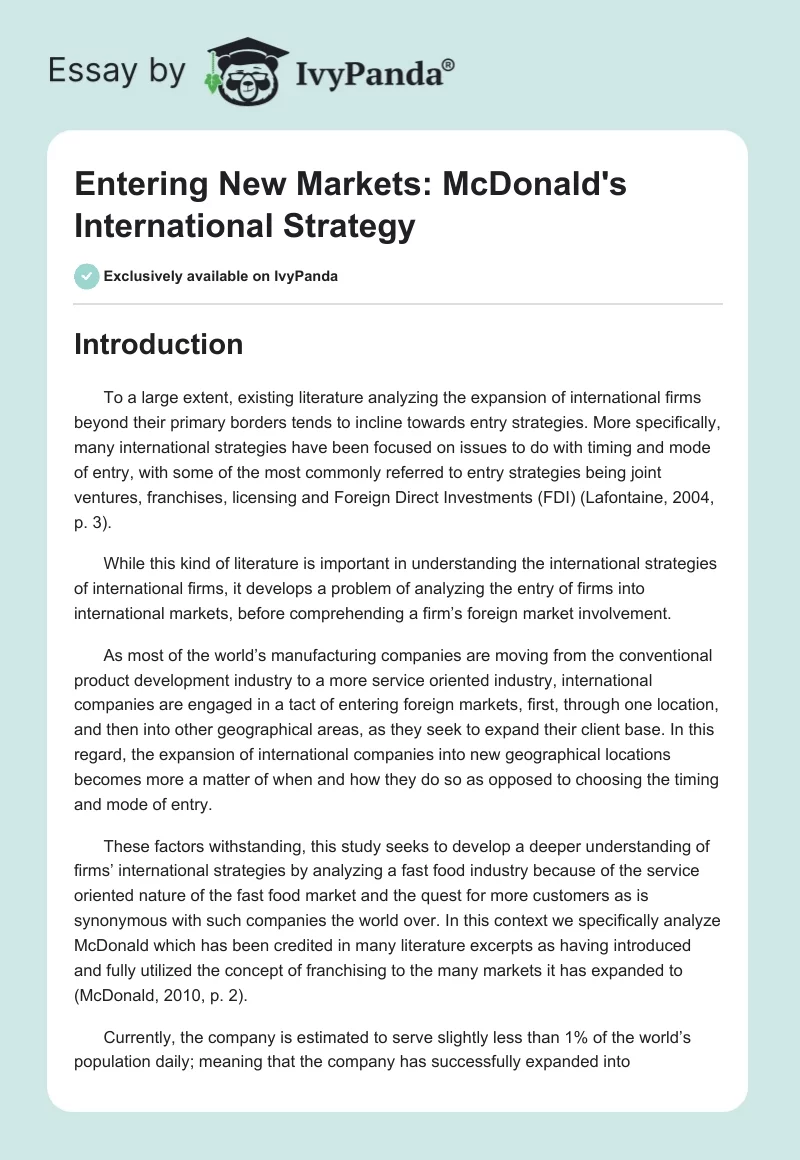 Entering New Markets: McDonald's International Strategy. Page 1