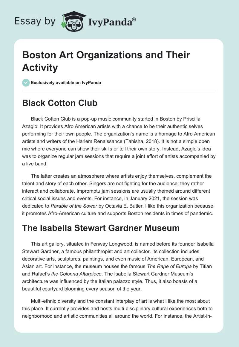 Boston Art Organizations and Their Activity. Page 1