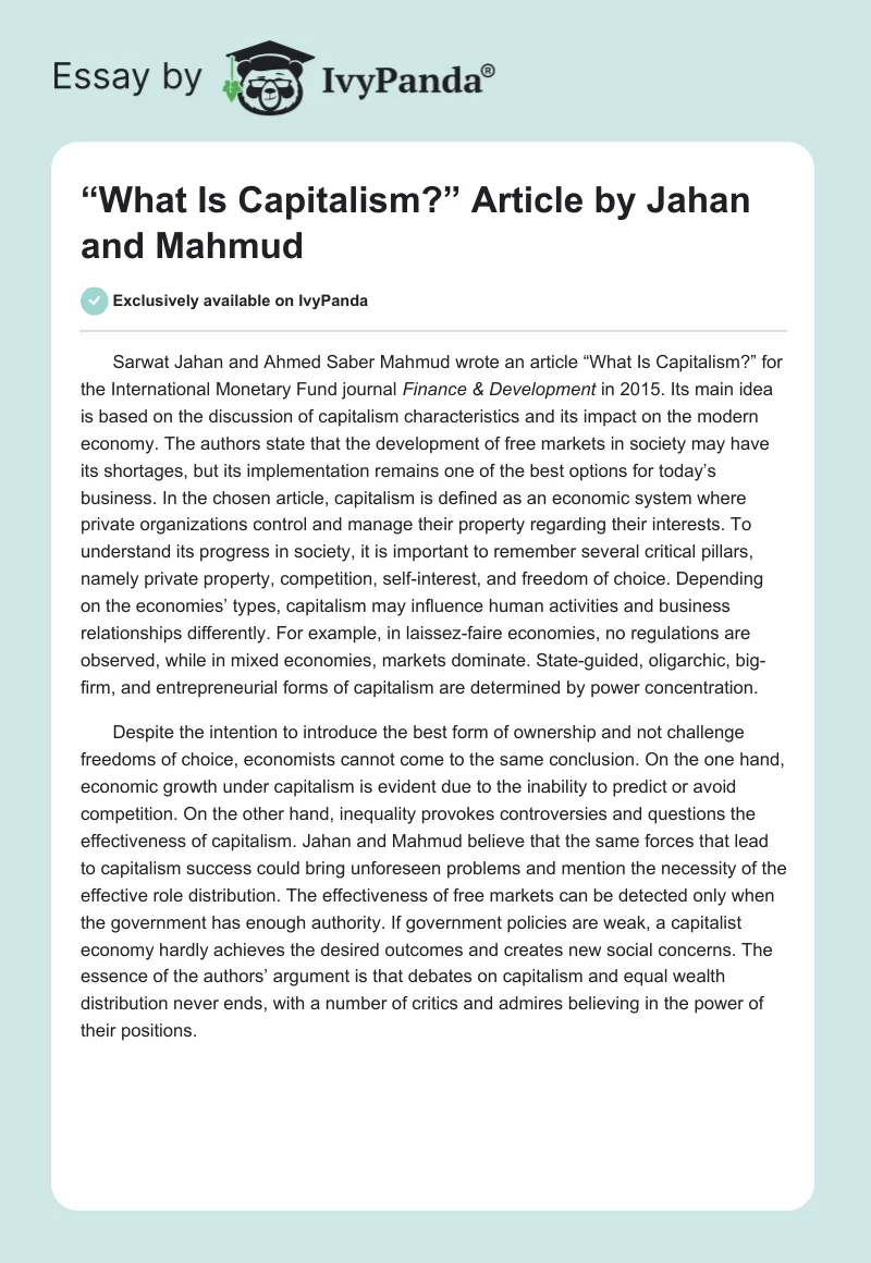 “What Is Capitalism?” Article by Jahan and Mahmud. Page 1