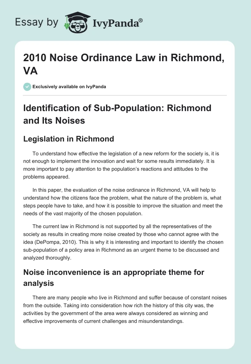 2010 Noise Ordinance Law in Richmond, VA. Page 1