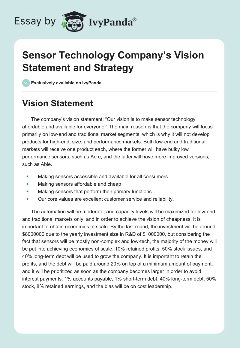 Sensor Technology Company’s Vision Statement and Strategy. Page 1