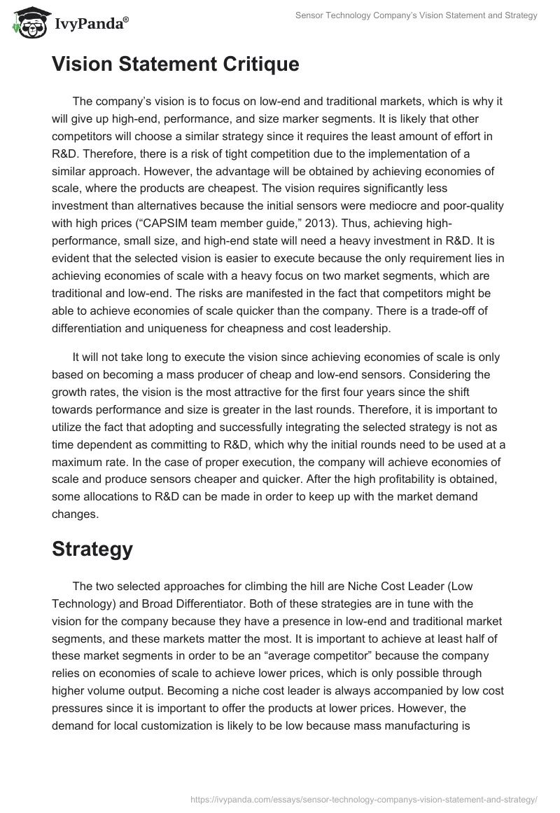 Sensor Technology Company’s Vision Statement and Strategy. Page 2
