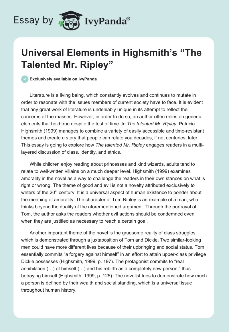 Universal Elements in Highsmith’s “The Talented Mr. Ripley”. Page 1