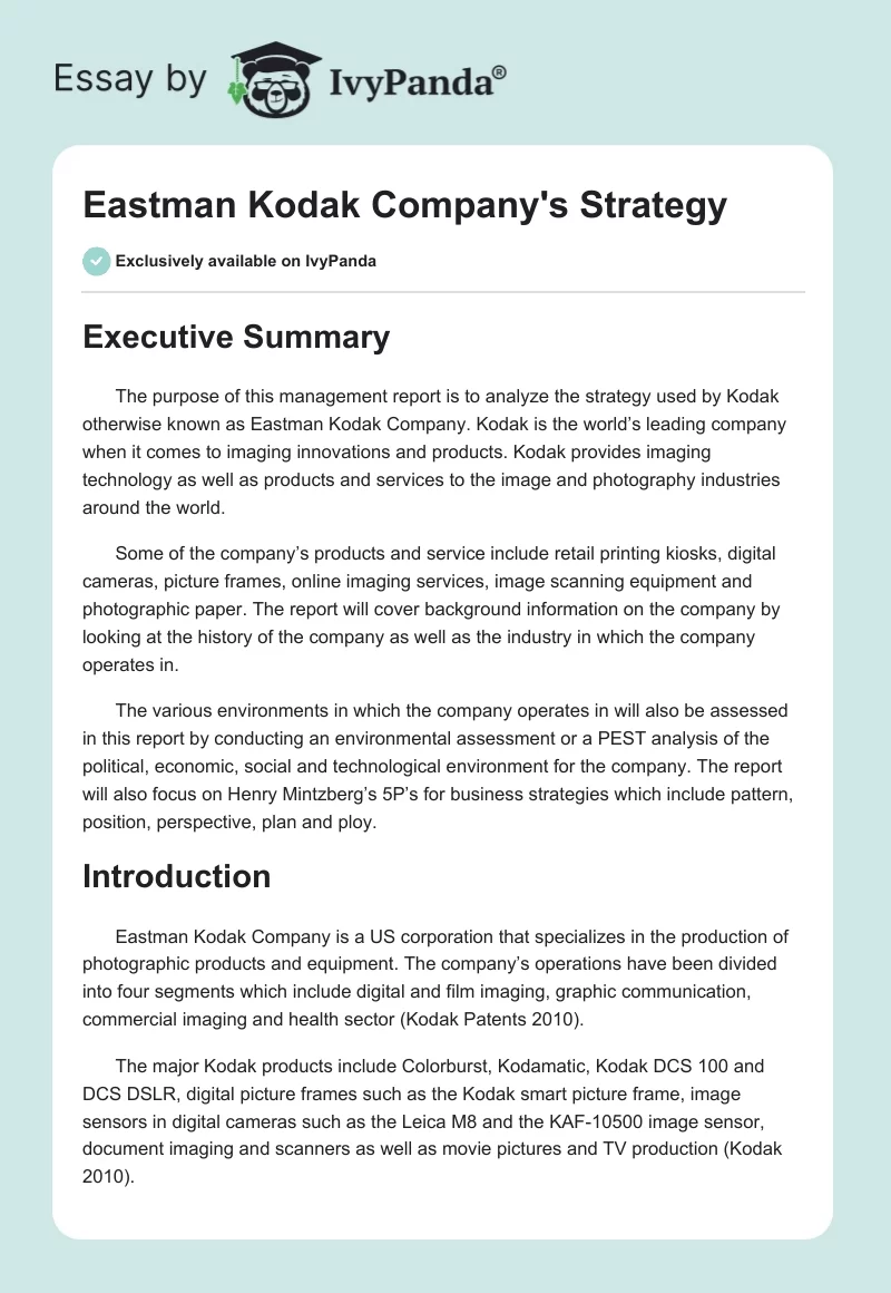 Eastman Kodak Company's Strategy. Page 1