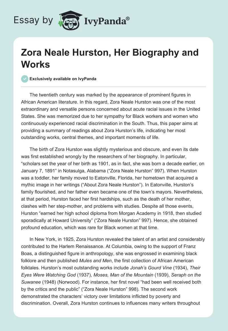 Zora Neale Hurston, Her Biography and Works. Page 1