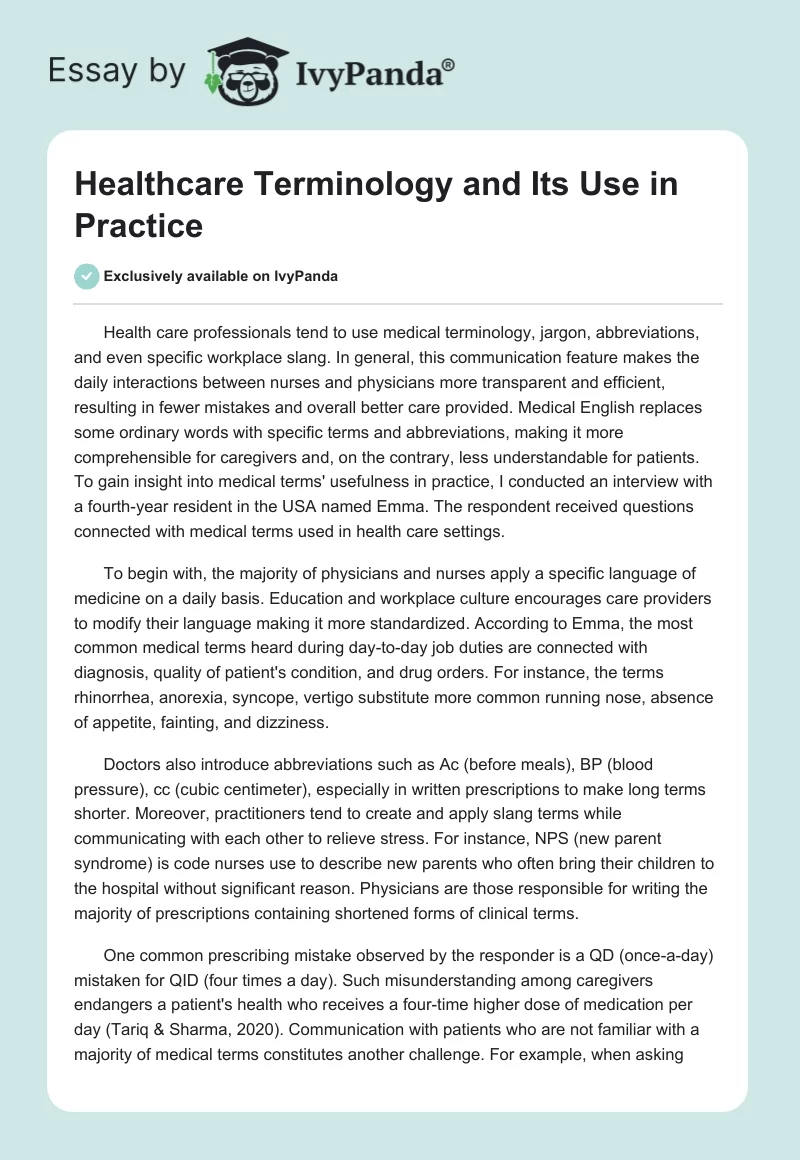 Healthcare Terminology and Its Use in Practice. Page 1