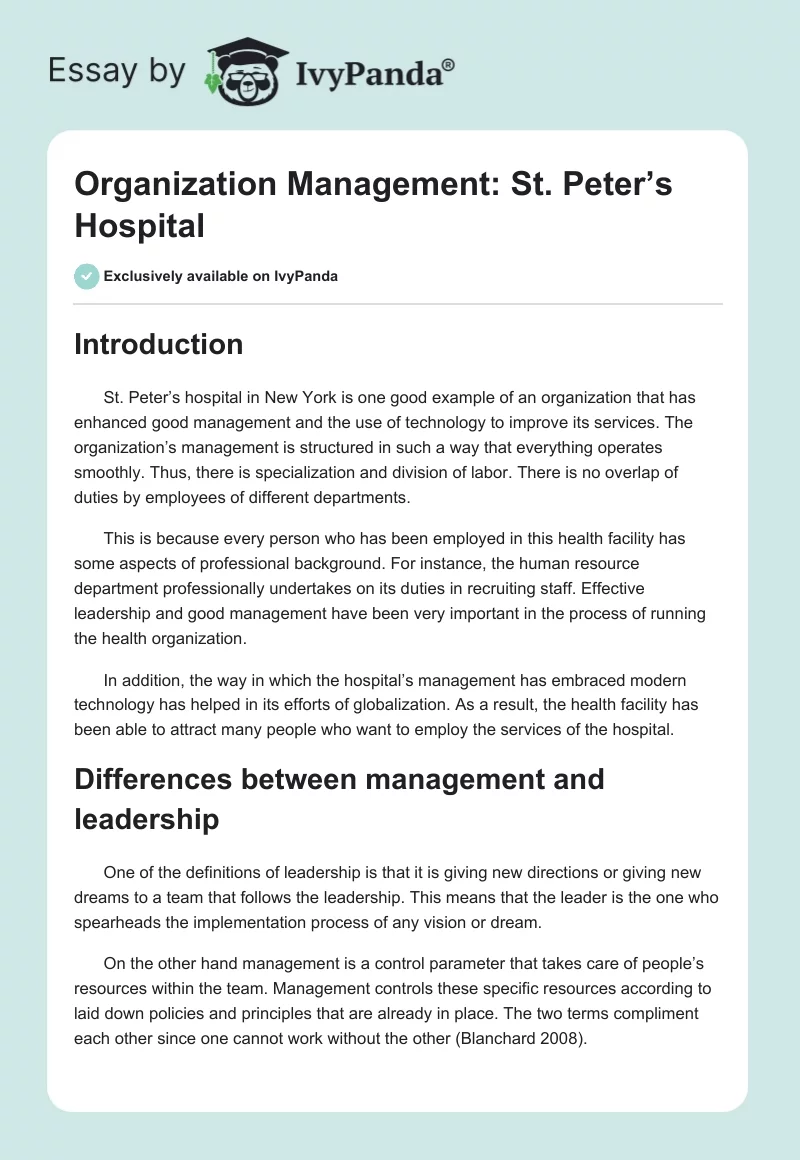 Organization Management: St. Peter’s Hospital. Page 1