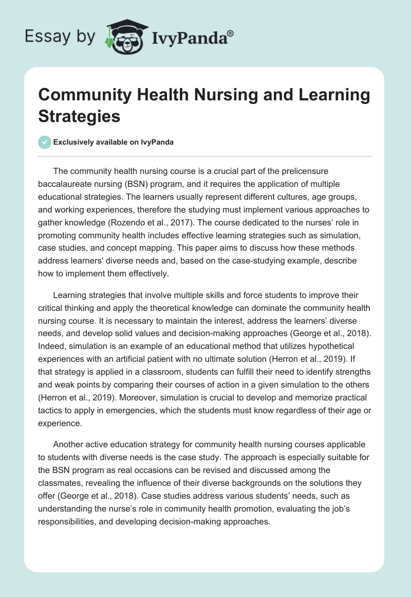 Community Health Nursing and Learning Strategies. Page 1