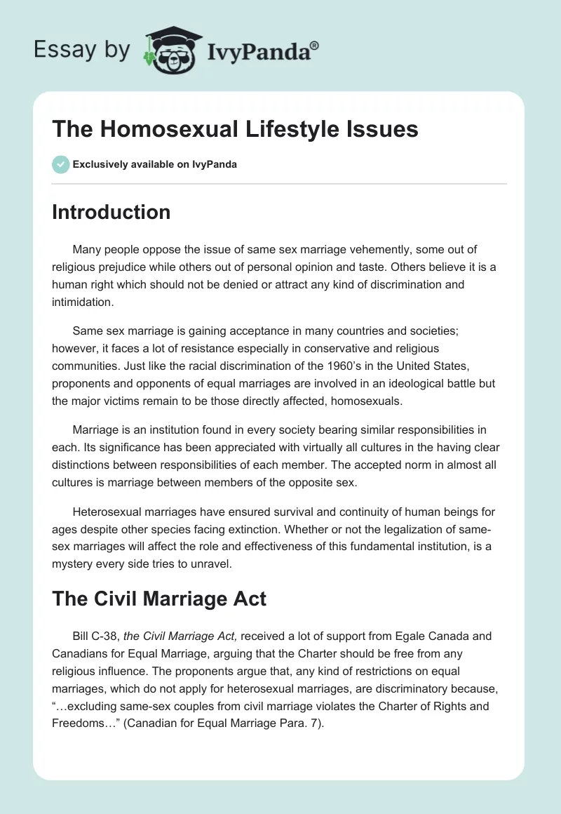 The Homosexual Lifestyle Issues. Page 1