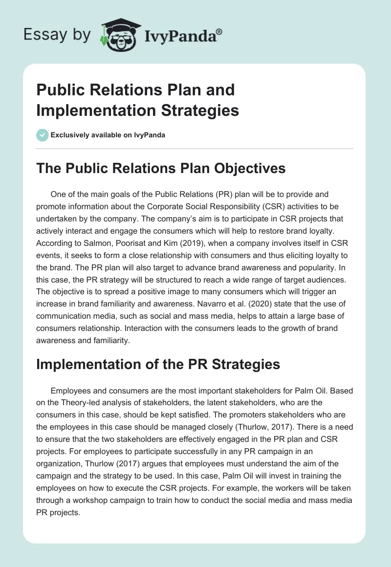 Public Relations Plan and Implementation Strategies. Page 1