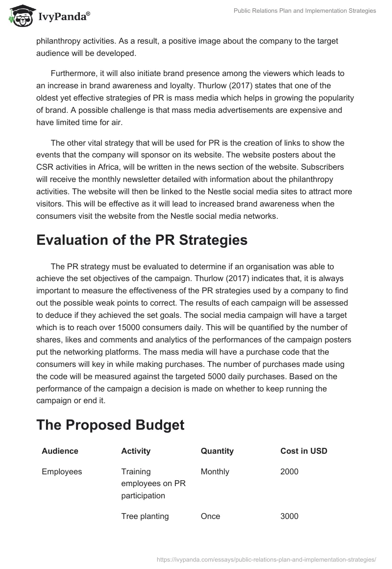 Public Relations Plan and Implementation Strategies. Page 3