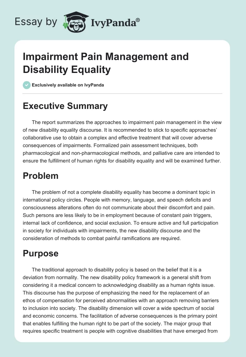 Impairment Pain Management and Disability Equality. Page 1